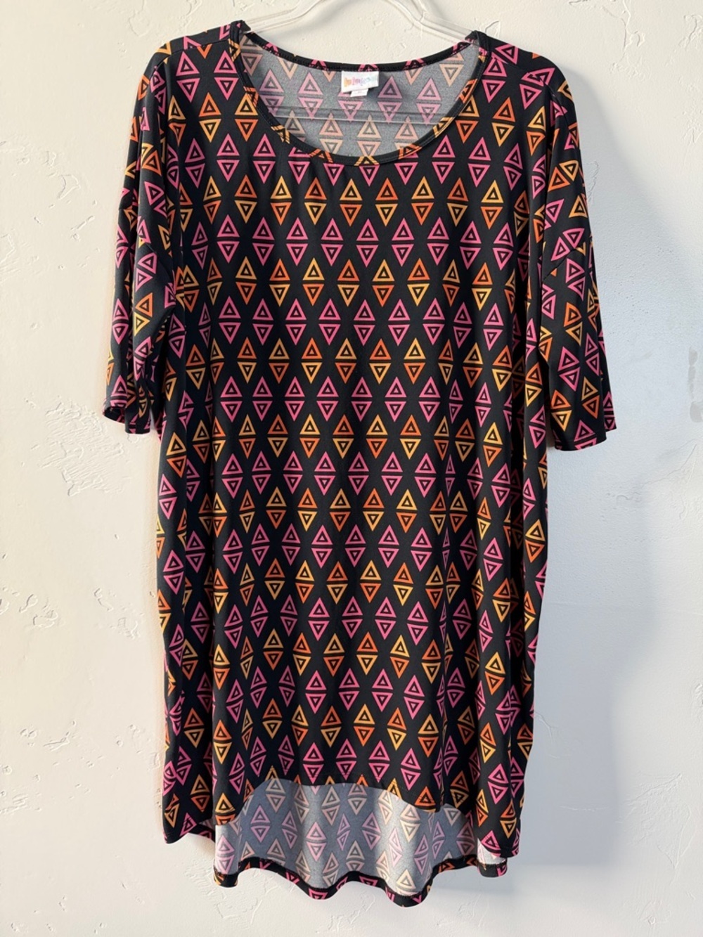 LuLaRoe Flowy Dress with Pink & Orange Triangle Motif Summer Business Casual